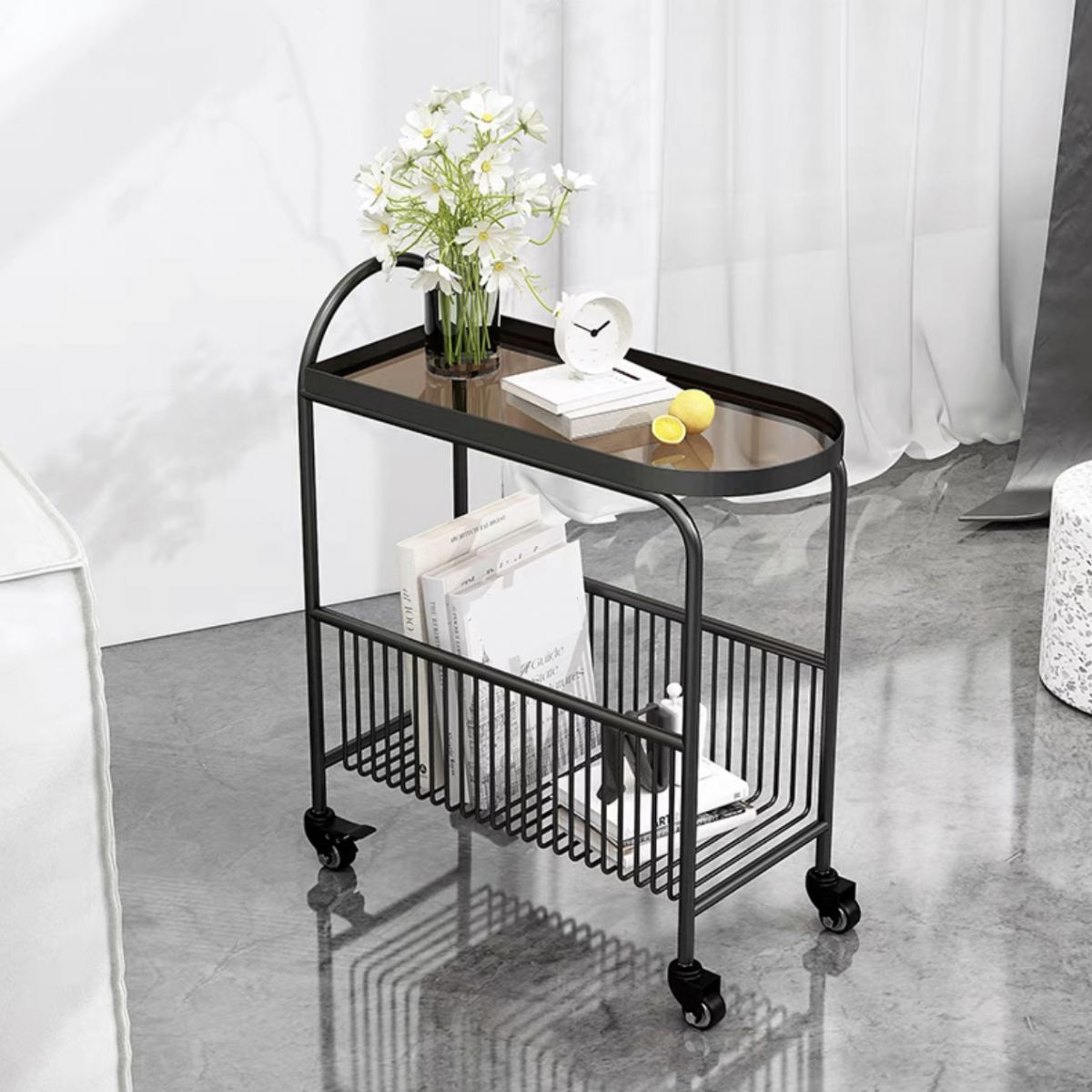 Modern Glass Top with Storage Double Tier Living Room Accent Side Table