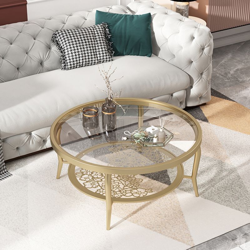 23.6"/17.7"H Modern 4 Legs Steel Base Glass Round Coffee Table with Shelf Clearhalo 'Coffee & Accent Tables' 'Coffee Tables' 'coffee_tables' 'furn' 'furn_coffee_tables' 'Furniture' 'furniture_coffee_tables' 'Living Room Furniture' 1200x1200_6879f859-136f-43f9-88d9-a8c87af64355