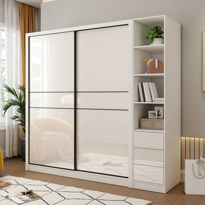 White Mirrored Finish Wardrobe Cabinet Modern Engineered Wood Wardrobe Clearhalo 'Armoires & Wardrobes' 'armoires_wardrobes' 'Bedroom Furniture' 'furn' 'furn_armoires_wardrobes' 'Furniture' 1200x1200_6883f9bb-0e90-4ab6-ae3b-f4e104fde7c2