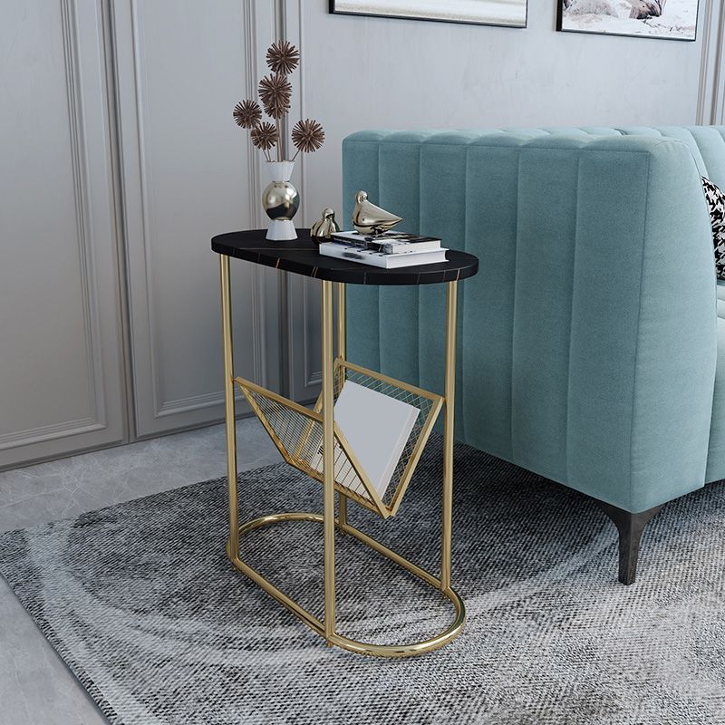 24.8" Tall Iron Frame Base End Table Oval Slate Top Side Table with Magazine Holder Clearhalo 'Coffee & Accent Tables' 'End & Side Tables' 'end_side_tables' 'furn' 'furn_end_side_tables' 'Furniture' 'Living Room Furniture' 1200x1200_68a90285-57ca-468a-bb89-8e7239abe09b