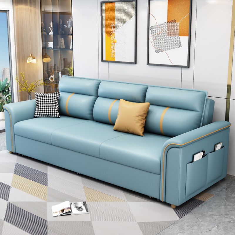 Faux Leather Sofa Bed with Pillows Sofa in Azure with Storage Clearhalo 'furn' 'furn_futons' 'Furniture' 'Futons & Daybeds' 'Futons' 'Living Room Furniture' 1200x1200_68d610d0-2d08-4dcc-89eb-7db6231efeba