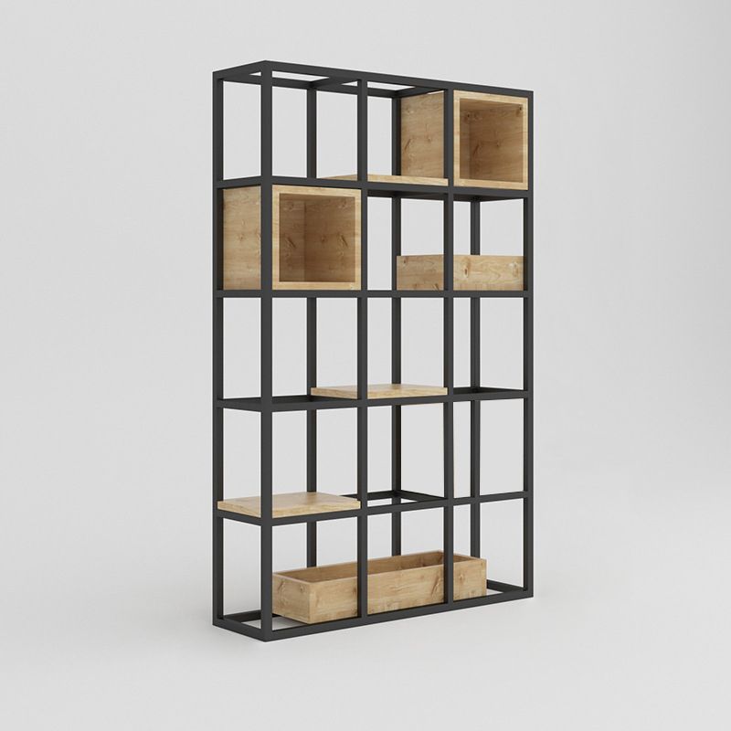 Modern Open Etagere Bookshelf with Black Iron Frame Pine Wood Shelf Clearhalo 'Bookcases' 'Furniture' 'furniture_bookcases' 'kitchen' 'kitchen_bookcases' 'Living Room Furniture' 'Office Furniture' 1200x1200_68dfaad9-df16-4b2f-a945-ea594b8b5495