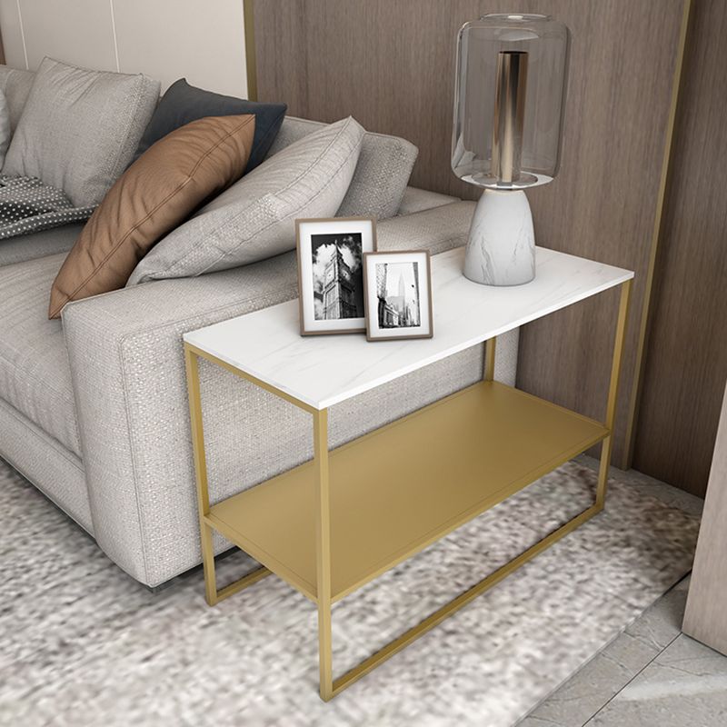 Modern Rectangular Stone End Table Sled Sofa Side Table with Shelf