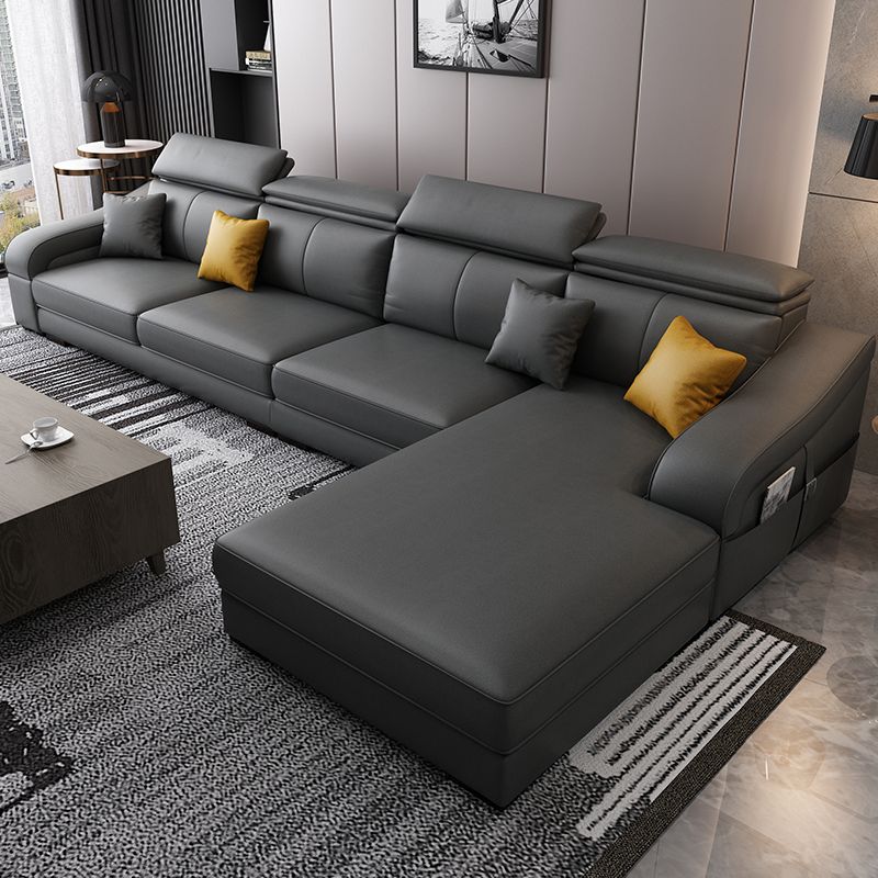 Dark Gray Faux Leather Sloped Arm Sofa Slipcovered Sectional with Pocket Storage Clearhalo 'furn' 'furn_sectionals' 'Furniture' 'furniture_sectionals' 'Living Room Furniture' 'Sectionals' 1200x1200_6925ed7b-0a32-42a2-9d85-d13d9068c97d