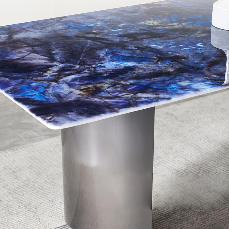 Mesa de comedor fija de piedra rectangular estilo simplicidad con pedestal doble