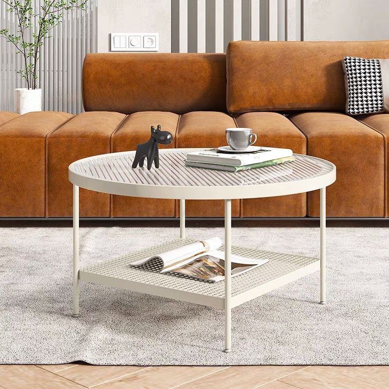 Table de cocktail ronde en verre, table basse en fer à 4 pieds avec étagère