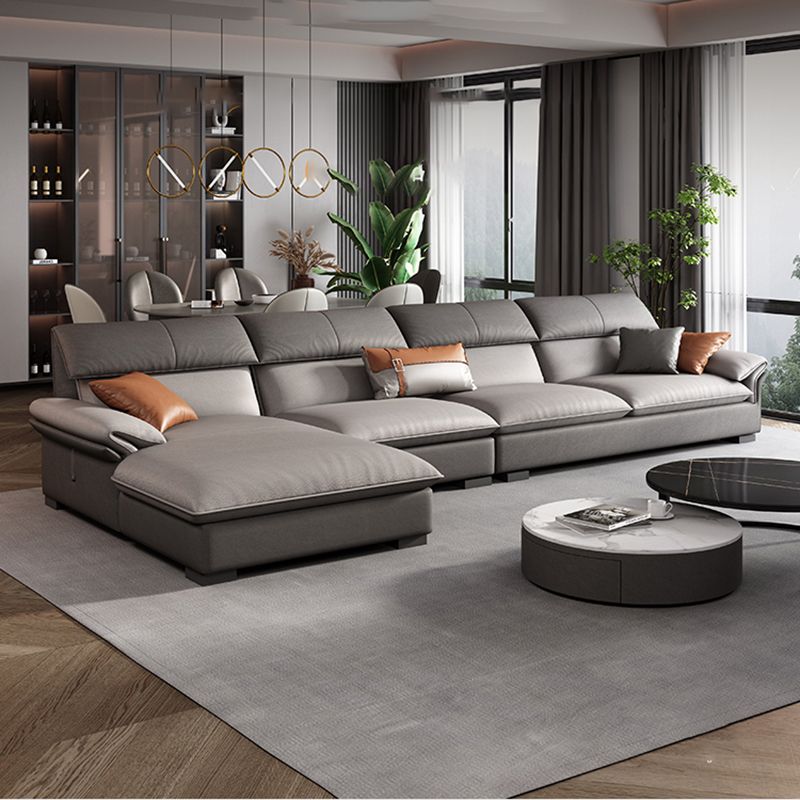 Grey Faux Leather Sectional Sofa Pillow Top Arm Sectional Ottoman Included Clearhalo 'furn' 'furn_sectionals' 'Furniture' 'Living Room Furniture' 'Sectionals' 1200x1200_695e1926-3f59-4724-bf9c-afff15196cca