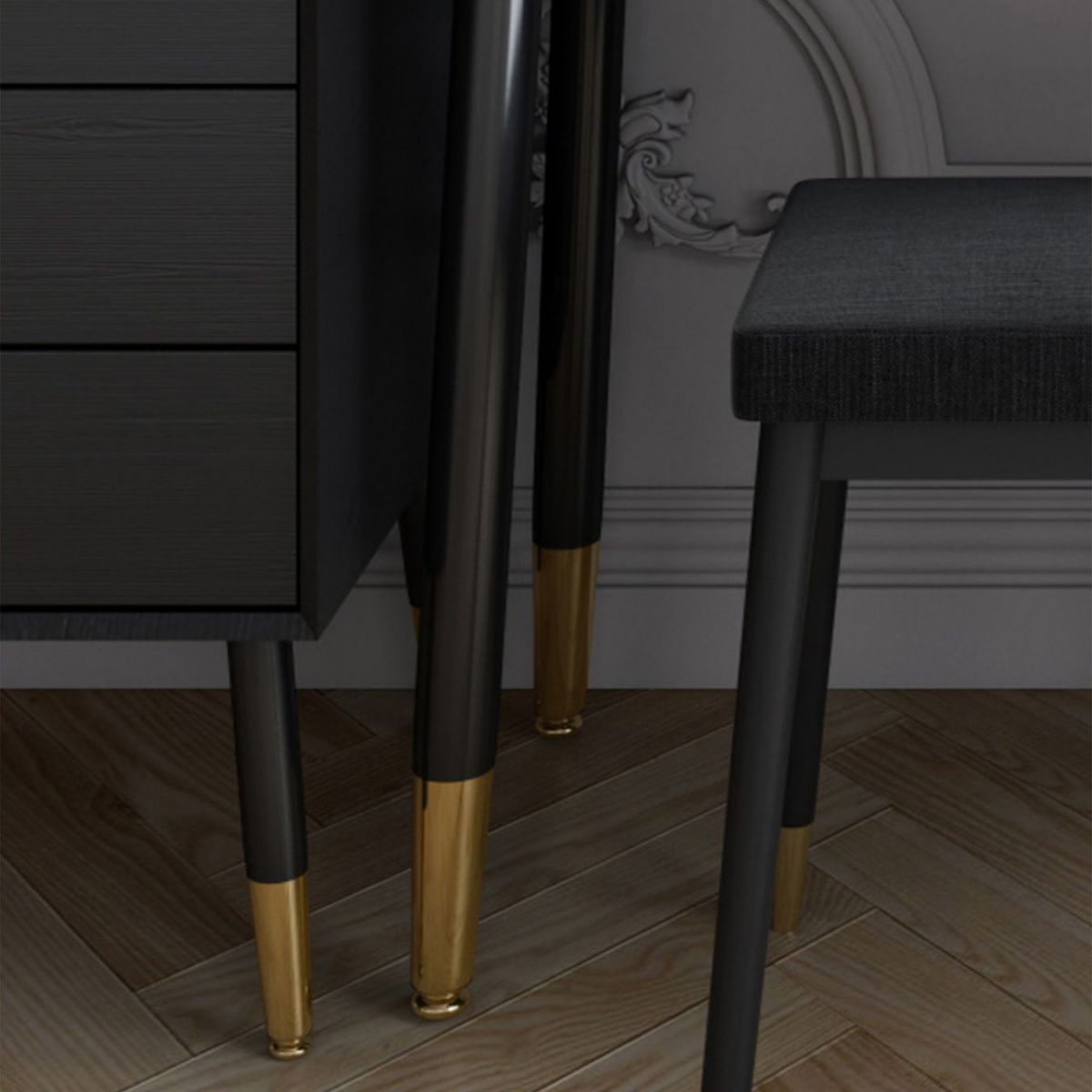 ベッドルーム用の鏡とスツールのあるモダンなソリッドウッドバニティドレッシングテーブル