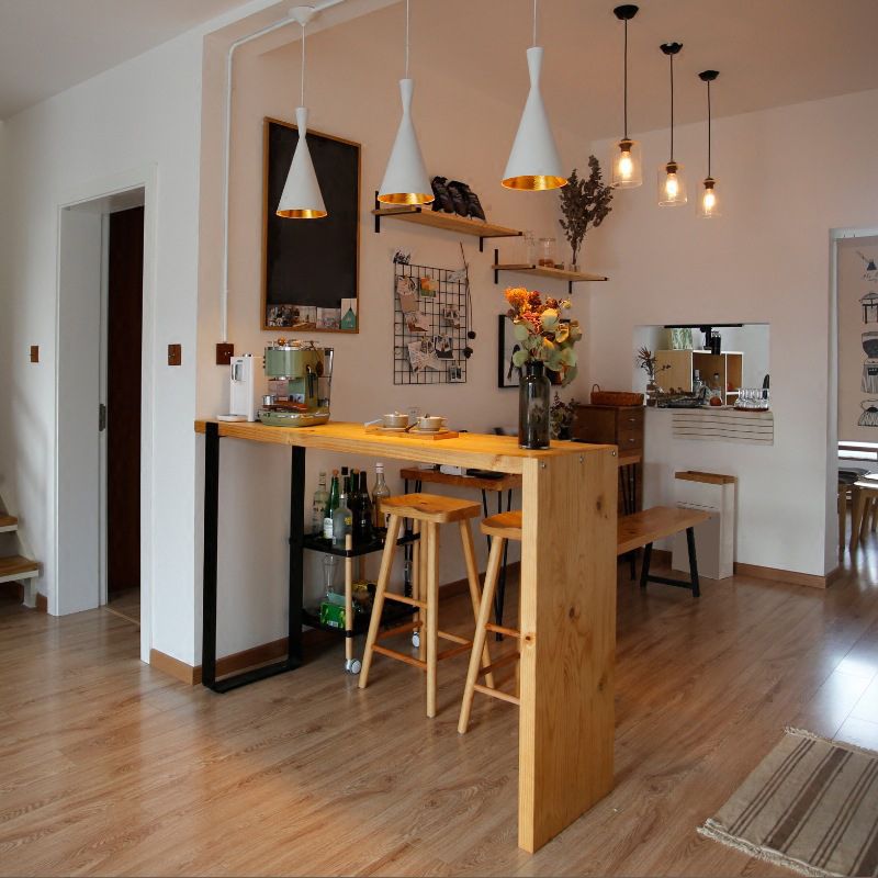 Living Room Rectangle Wood Top Counter Table Wood and Metal Pedestal Modern Bar Table Clearhalo 'Bar Furniture' 'Bar Tables' 'bar_tables' 'furn' 'furn_bar_tables' 'Furniture' 'furniture_bar_tables' 'Kitchen & Dining Furniture' 1200x1200_69b07526-a67e-4574-93f5-f9554ea5c8f6