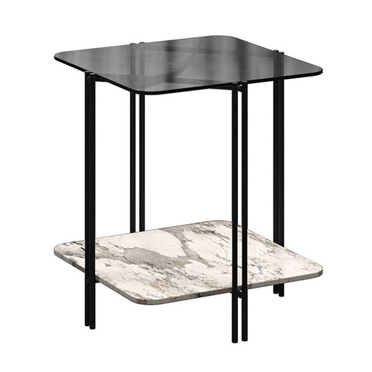 Glass Square 4 Legs Side Table 23.6" Tall End Table with Storage Shelf