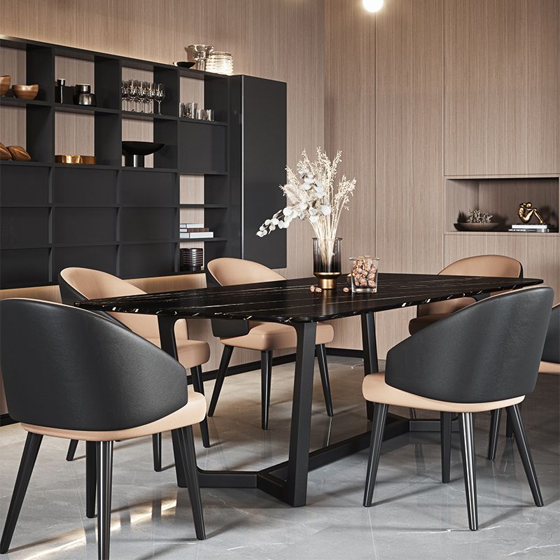 Industrial Sintered Stone Table for Restaurant Rectangle Black Table with Trestle Base Clearhalo 'Dining Tables & Seating' 'Dining Tables' 'dining_table' 'furn' 'furn_dining_table' 'Furniture' 'Kitchen & Dining Furniture' 1200x1200_69fb4d92-e512-448b-801e-5312b7bb43a0