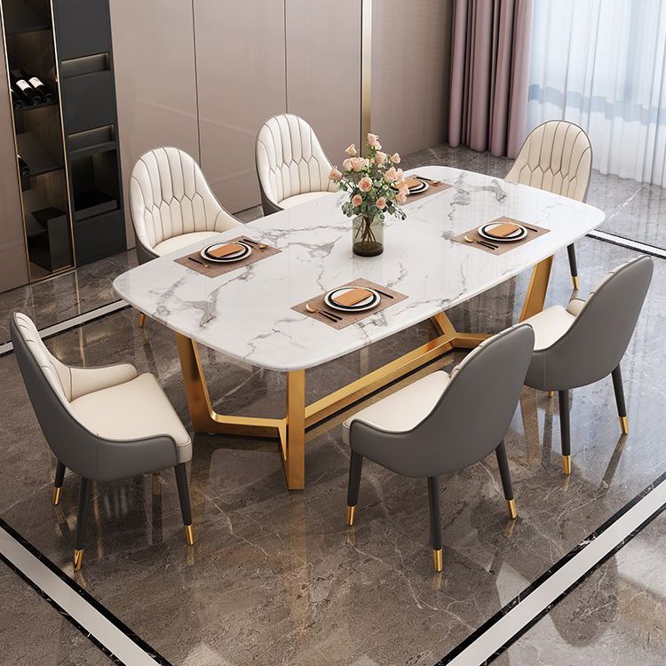 Rectangle Trestle Base Dining Table Glam Style Stone Kitchen Desk Clearhalo 'Dining Tables & Seating' 'Dining Tables' 'dining_table' 'furn' 'furn_dining_table' 'Furniture' 'Kitchen & Dining Furniture' 1200x1200_6a10d550-b4a5-43e8-b30d-14e601e621c8