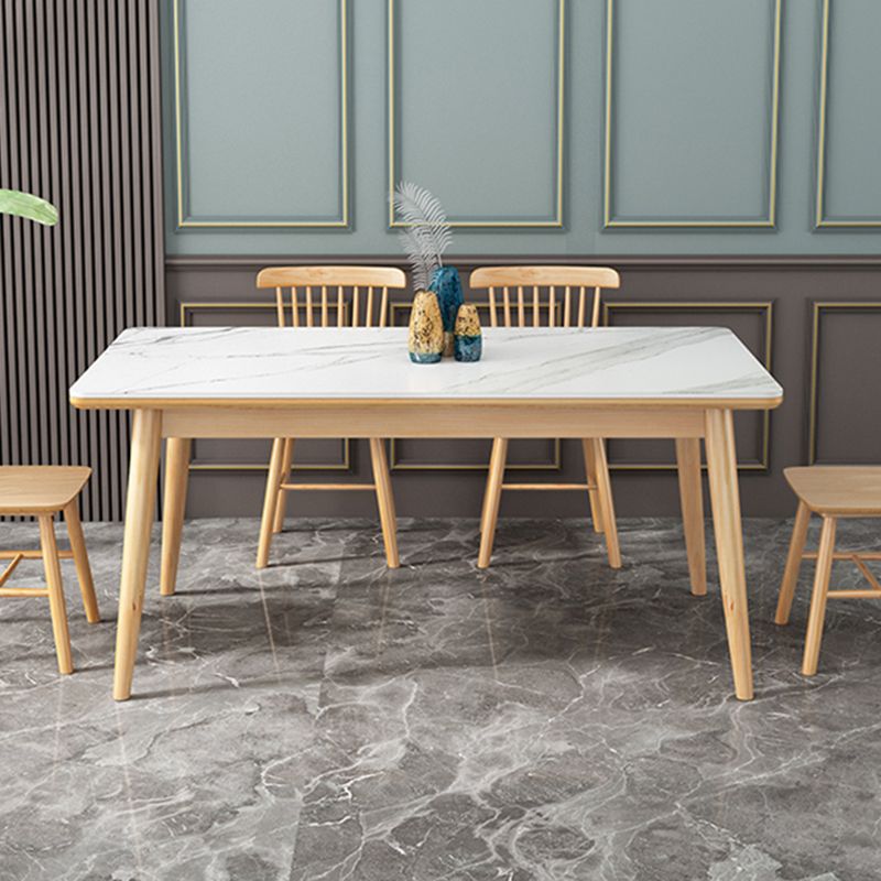 Modern White Rectangle Stone Dining Table with Solid Wood Legs