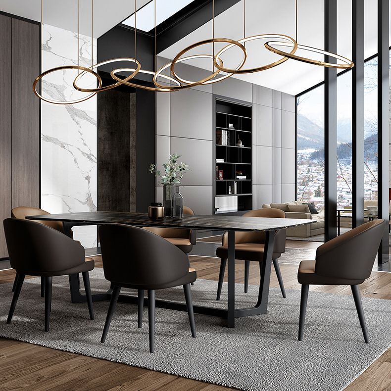 Industrial Sintered Stone Table for Restaurant Rectangle Black Table with Trestle Base Clearhalo 'Dining Tables & Seating' 'Dining Tables' 'dining_table' 'furn' 'furn_dining_table' 'Furniture' 'Kitchen & Dining Furniture' 1200x1200_6a2366d1-2876-42ff-b5e0-c26f5e11be6b