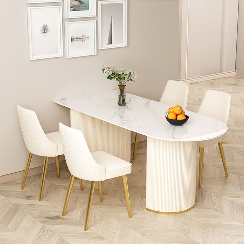 Moderne stenen eettafel ovale ijzeren tafel met dubbele voetstuktafel