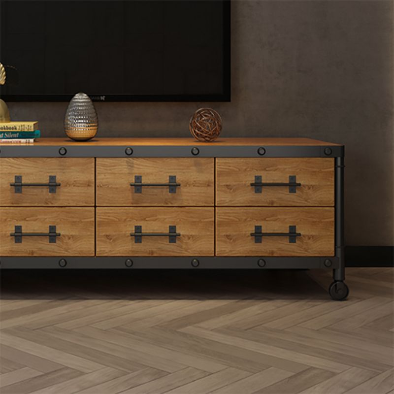 Console TV industrielle en pin, support multimédia de rangement fermé avec tiroirs pour le salon