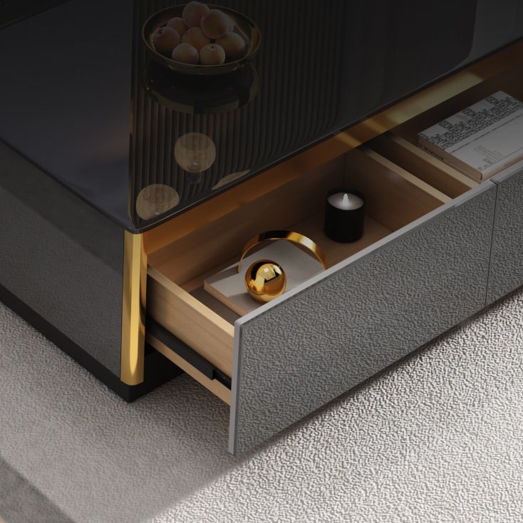 Glam TV Media Stand avec des tiroirs et une console de média TV en verre en bois