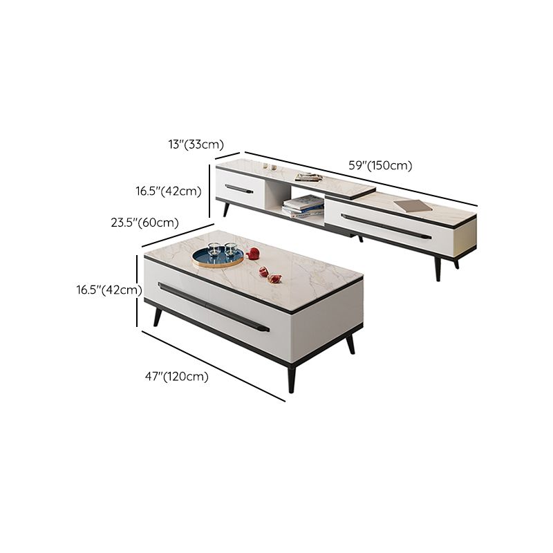Mesa de café de 4 patas de pizarra con cajones de almacenamiento blancos contemporáneos