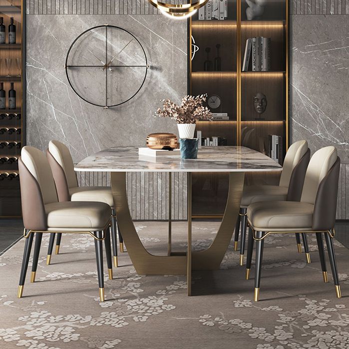 Minimalist Style Sintered Stone Dining Table with Rectangle Shape Fixed Table and Trestle Base Clearhalo 'Dining Room Sets' 'Dining Tables & Seating' 'dining_room_set' 'furn' 'furn_dining_room_set' 'Furniture' 'furniture_dining_room_set' 'Kitchen & Dining Furniture' 'kitchen&dining_furn' 'kitchen' 1200x1200_6b7508b5-b59c-4a14-9b7d-a1a03bcbce33