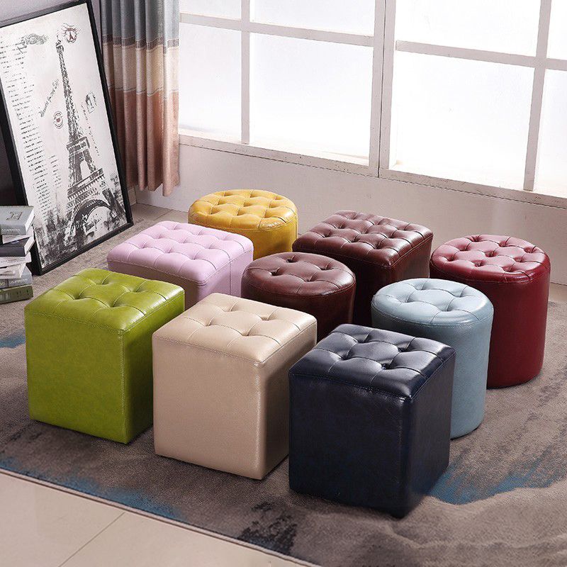 Modern Ottoman Cube Tufted Solid Color Leather Ottoman in Living Room