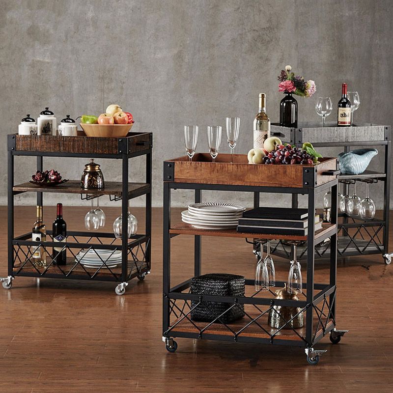 Modern Open Storage Kitchen Trolley Pine Wood Rolling Prep Table