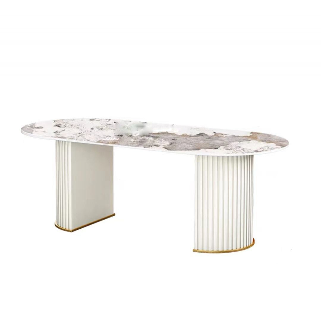Table à manger ovale en pierre, table à manger à double piédestal pour salle à manger