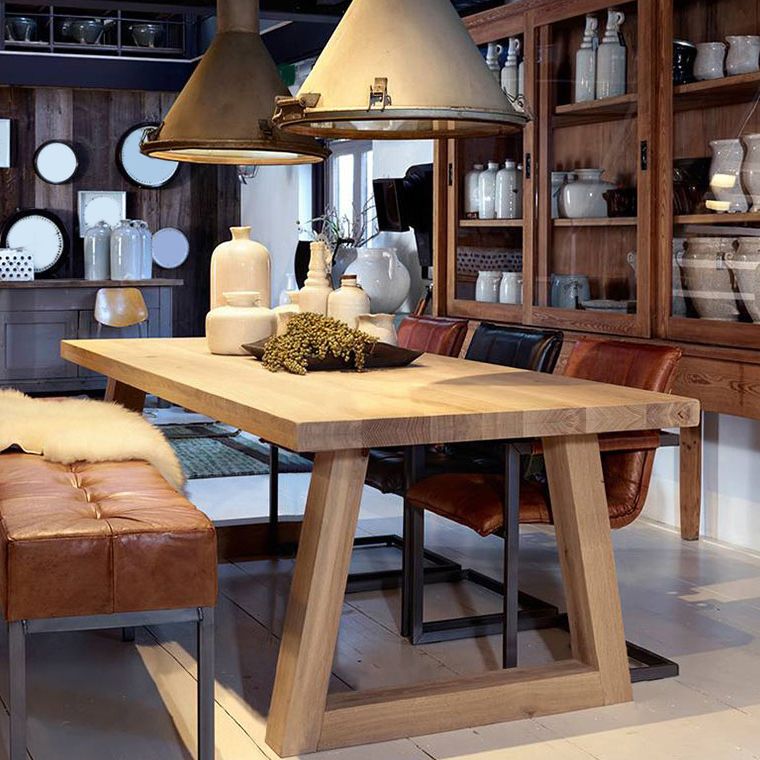 Mesa de comedor moderna rectangular de pino natural con 4 patas