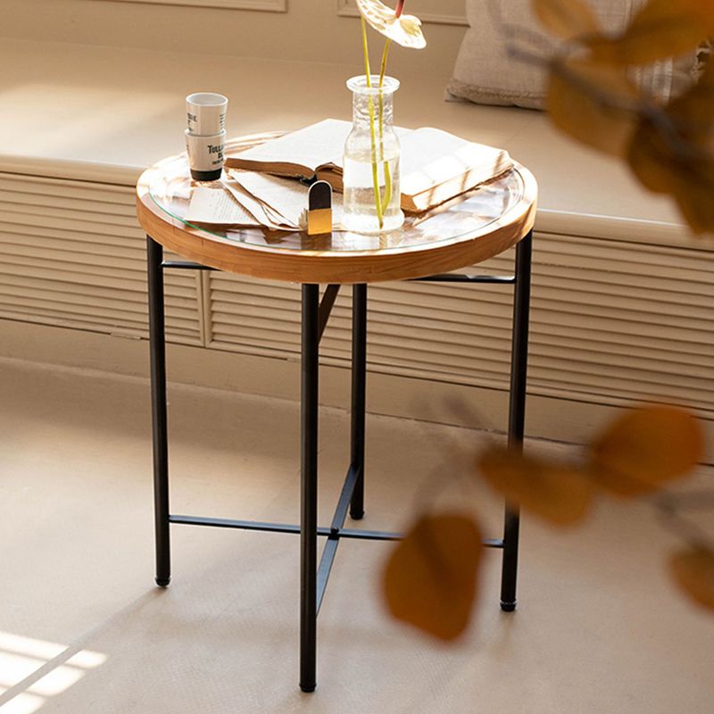 Dia 19.7" Cross Legs End Table Distressed Wood Side Table with Engraved Design Clearhalo 'Coffee & Accent Tables' 'End & Side Tables' 'end_side_tables' 'furn' 'furn_end_side_tables' 'Furniture' 'Living Room Furniture' 1200x1200_6ba55740-24b5-496d-b16b-268b12a2efbe