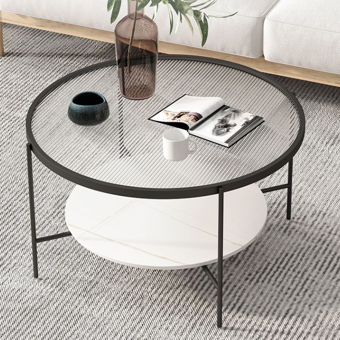 Modern Style Round Glass Table Plate Metal 4 Legs Base with Storage Rack Coffee Table Clearhalo 'Coffee & Accent Tables' 'Coffee Tables' 'coffee_tables' 'furn' 'furn_coffee_tables' 'Furniture' 'Living Room Furniture' 1200x1200_6bb9a274-7a8f-410f-b43b-7d6774f8dd2c