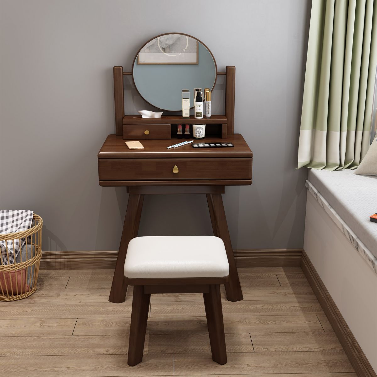 Scandinavian Solid Wood Table Makeup Vanity with Mirror and Drawers