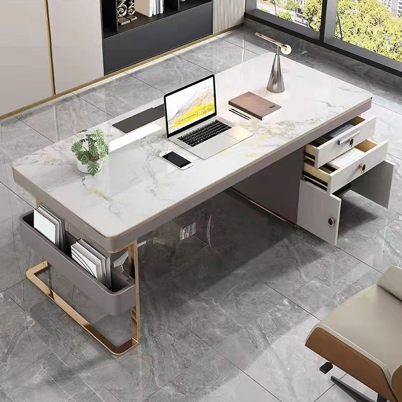 Rectangular Shaped Office Laptop Table Reversible Grey Writing Desk with 2 Drawers Clearhalo 'furn' 'furn_office_desk' 'Furniture' 'Office Desks' 'Office Furniture' 'office_desk' 1200x1200_6c2cd870-e274-4c70-b103-46d9f7399ec7