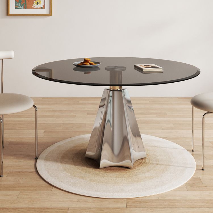 Modern Round Dining Table Glass Tabletop with Stainless Steel Pedestal Base