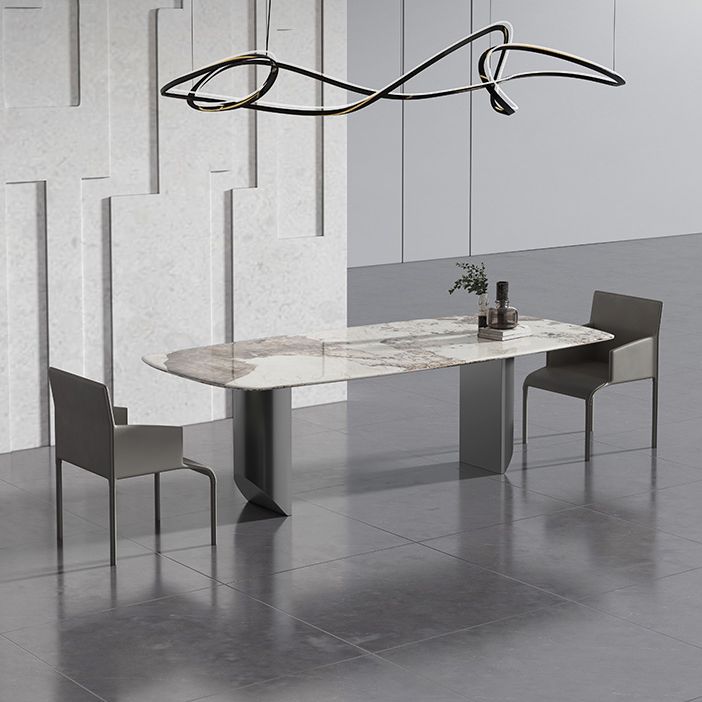 Metal Contemporary Rectangular Dining Table Sintered Stone Table with Double Pedestal Clearhalo 'Dining Tables & Seating' 'Dining Tables' 'dining_table' 'furn' 'furn_dining_table' 'Furniture' 'furniture_dining_table' 'Kitchen & Dining Furniture' 1200x1200_6c47c5aa-8139-4b52-b6f0-5e3a5ff63652