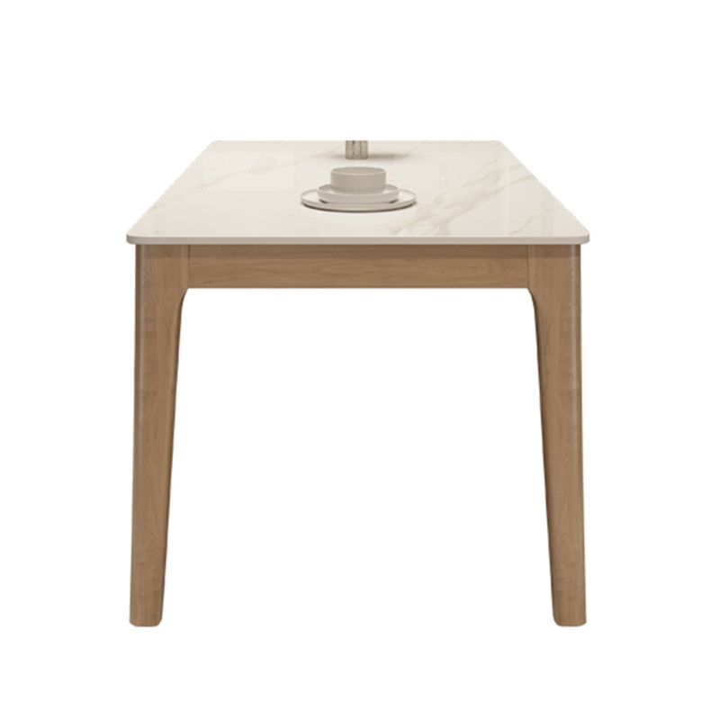 Mesa de comedor moderna con tapa de piedra blanca, mesa rectangular con patas de madera
