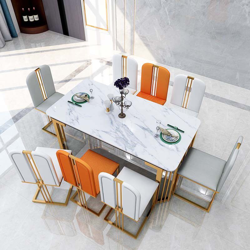 Rectangle White Top Dining Table Traditional Luxury Dining Table with Gold Frame