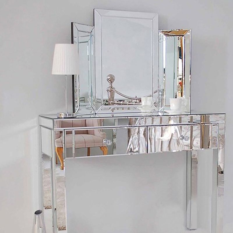 Glass Vanity Set with Tri-Fold 13.77" Wide Make-up Vanity with 2 Storage Drawers Clearhalo 'Bedroom Furniture' 'furn' 'furn_makeup_vanities' 'Furniture' 'Makeup Vanities' 'makeup_vanities' 1200x1200_6cb18787-255d-48b8-b68b-cc7d64c30ab9