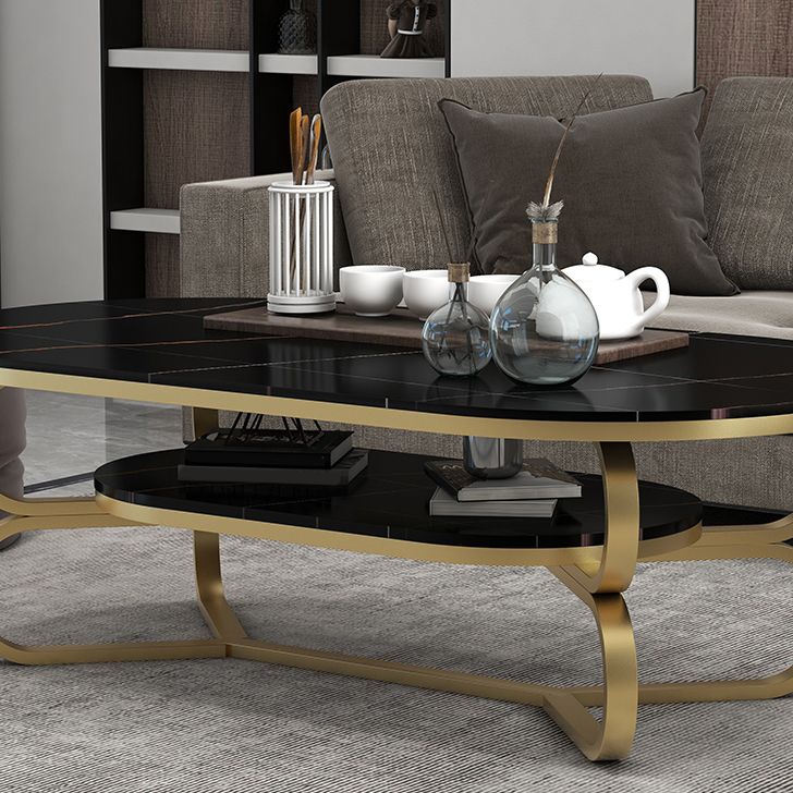 Metal Abstract Base Cocktail Table Oval Slate Top Coffee Table with Shelf Clearhalo 'Coffee & Accent Tables' 'Coffee Tables' 'coffee_tables' 'furn' 'furn_coffee_tables' 'Furniture' 'Living Room Furniture' 1200x1200_6cbb9ebb-e022-495a-a3a8-c507fdf31761