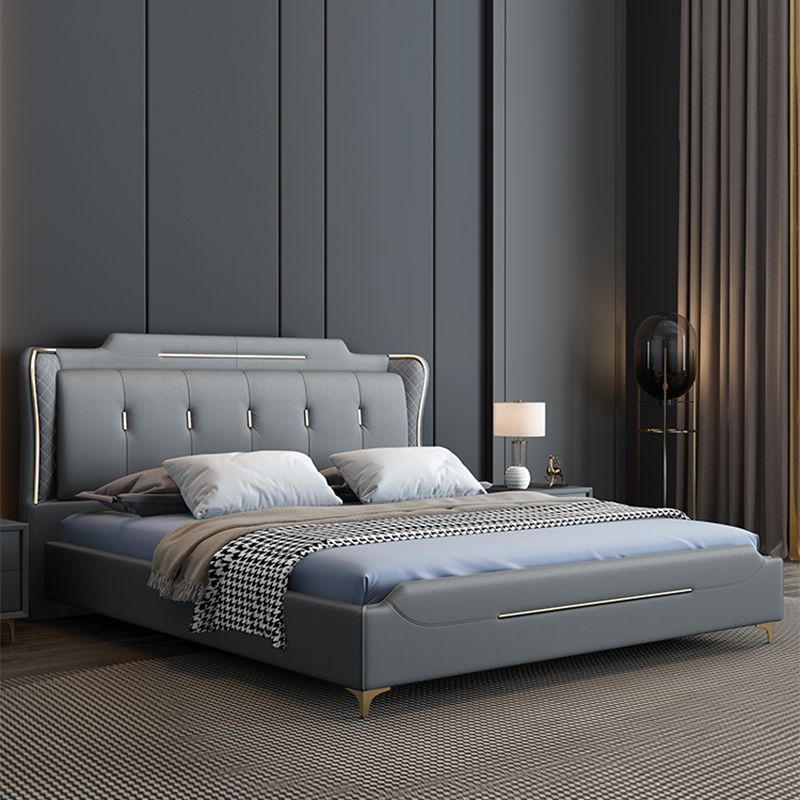 Cama de panel glamoroso de cuero sintético con cabecera tapizada de madera