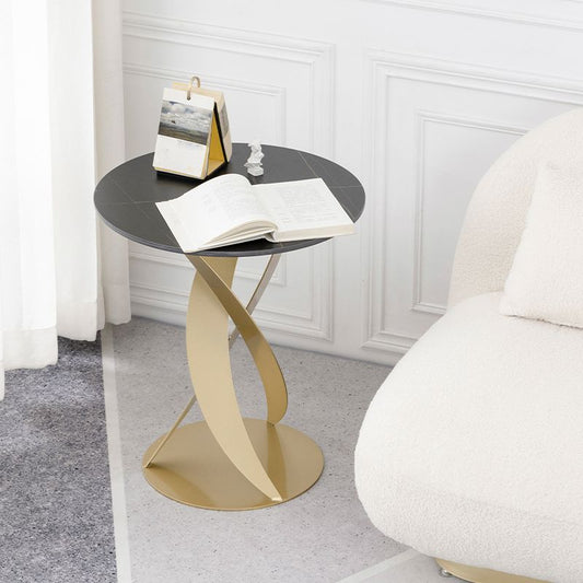 Modern Round Slate Top Side Table 22.4" Tall Metal Abstract End Table