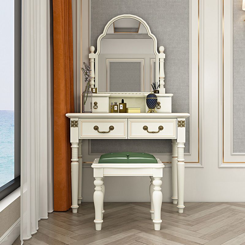 Sgabello da toeletta per trucco per vanità in legno massiccio vittoriano con specchio in bianco