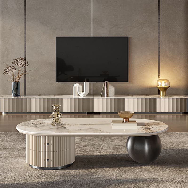 No Distressing Slate Coffee Table Oval Single Coffee Table with 2 Drawers Clearhalo 'Coffee & Accent Tables' 'Coffee Tables' 'coffee_tables' 'furn' 'furn_coffee_tables' 'Furniture' 'Living Room Furniture' 1200x1200_6d2151b4-56b3-46e8-9b36-b04076a02099