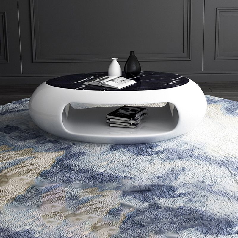 Modern Oval Coffee Table with Storage Shelf and Plastic Pedestal Base