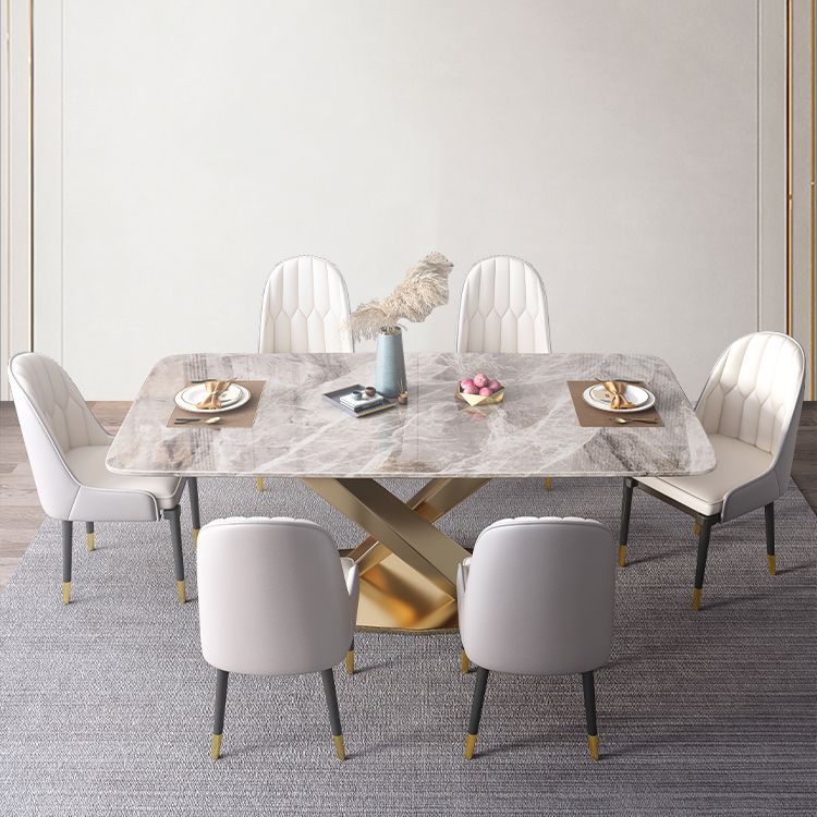 Modern Style Sintered Stone Dining Table with Standard Height Fixed Table and Gold Trestle Base Clearhalo 'Dining Room Sets' 'Dining Tables & Seating' 'dining_room_set' 'furn' 'furn_dining_room_set' 'Furniture' 'furniture_dining_room_set' 'Kitchen & Dining Furniture' 'kitchen&dining_furn' 'kitchen' 1200x1200_6d3fcda7-8c6e-478f-a239-b21ecacc57f1