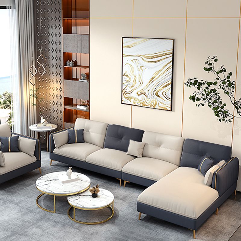 Scandinavian Stain-Resistant Faux Leather Tufted Back Beige Sofa & Chaise