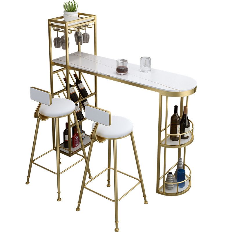 Stone Indoor Glam Bar Dining Table Metal Double Pedestal Bistro Table with Wine Rack Clearhalo 'Bar Furniture' 'Bar Tables' 'bar_tables' 'furn' 'furn_bar_tables' 'Furniture' 'furniture_bar_tables' 'Kitchen & Dining Furniture' 'kitchen&dining_furn' 'kitchen' 1200x1200_6d76b71d-98e0-4ff0-bcab-47b3be776638