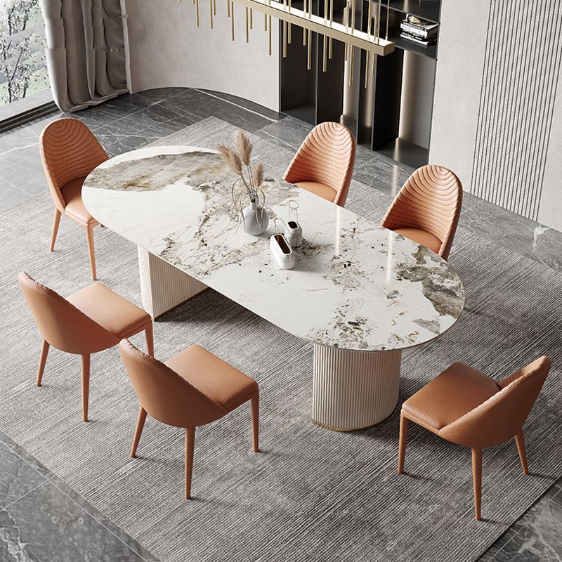 Glam Oval Dining Table Stone Top Dining Table with Double Pedestal in White Clearhalo 'Dining Tables & Seating' 'Dining Tables' 'dining_table' 'furn' 'furn_dining_table' 'Furniture' 'Kitchen & Dining Furniture' 1200x1200_6d99b5a7-8291-4091-8738-31b6ff3ff966