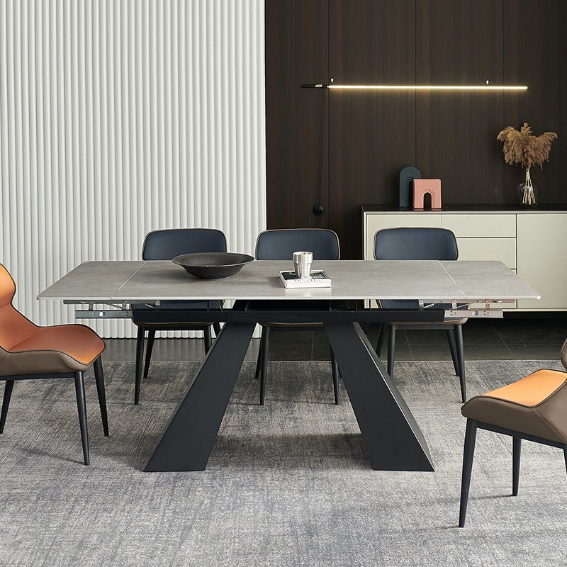 Table de salle à manger rectangulaire, plateau moderne en pierre grise avec base en métal noir
