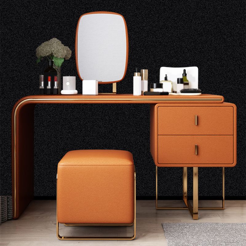 Luxurious Leather Vanity Makeup Table Set 2 Drawers Vanity Table with Mirror & Stool