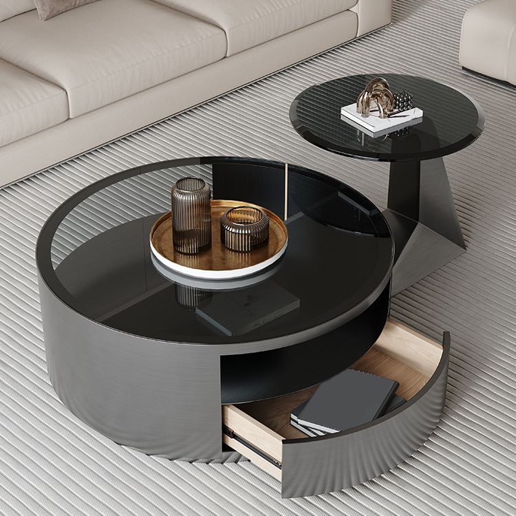 Contemporary Round Glass Coffee Table Set 1-Drawer 2 Piece Bunching Tables Clearhalo 'Coffee & Accent Tables' 'Coffee Tables' 'coffee_tables' 'furn' 'furn_coffee_tables' 'Furniture' 'Living Room Furniture' 1200x1200_6ddbd7a3-f58e-4f7d-8b97-6e16ad2fc4eb