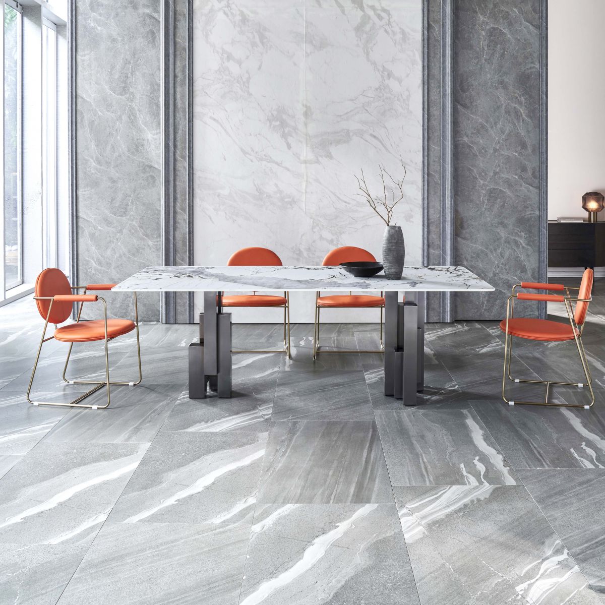 Modern Style Sintered Stone Dining Set with Grey Rectangle Shape Table and Double Pedestal Base Clearhalo 'Dining Room Sets' 'Dining Tables & Seating' 'dining_room_set' 'furn' 'furn_dining_room_set' 'Furniture' 'furniture_dining_room_set' 'Kitchen & Dining Furniture' 'kitchen&dining_furn' 'kitchen' 1200x1200_6de6fd95-e614-45b8-a66d-fd0ea5b0bcda